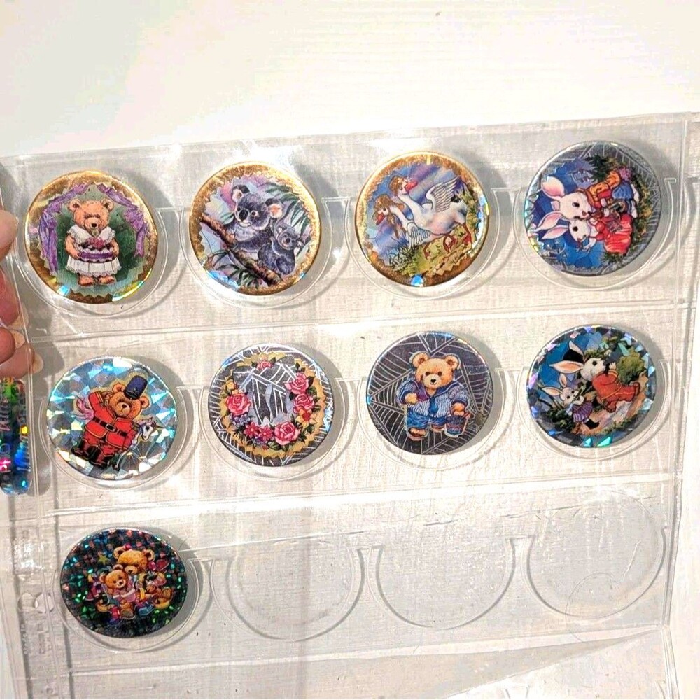 Vintage Set Of 9 Holographic Bears Rabbits + Pog Slammers Milkcaps Pogs